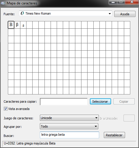 Mapa de caracteres elegir beta